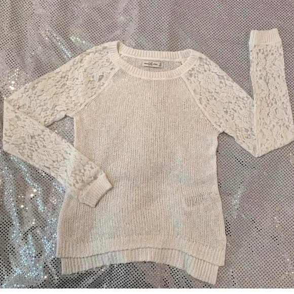 ABERCROMBIE & FITCH Cream Lace Sleeve Gold Fleck Pullover Sweater Size S - Picture 5 of 8